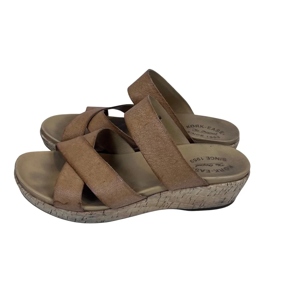 Kork Ease Camellia Size 10M Leather Cork Wedge‎ Sandals Strappy Tan Brown (S583)
